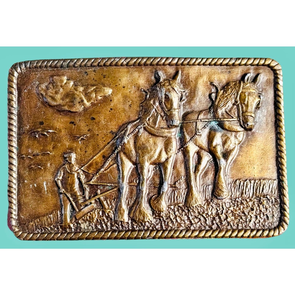 Vintage Brass Draft Horse Belt Buckle 70s farmer Plowboy Rancher Horses